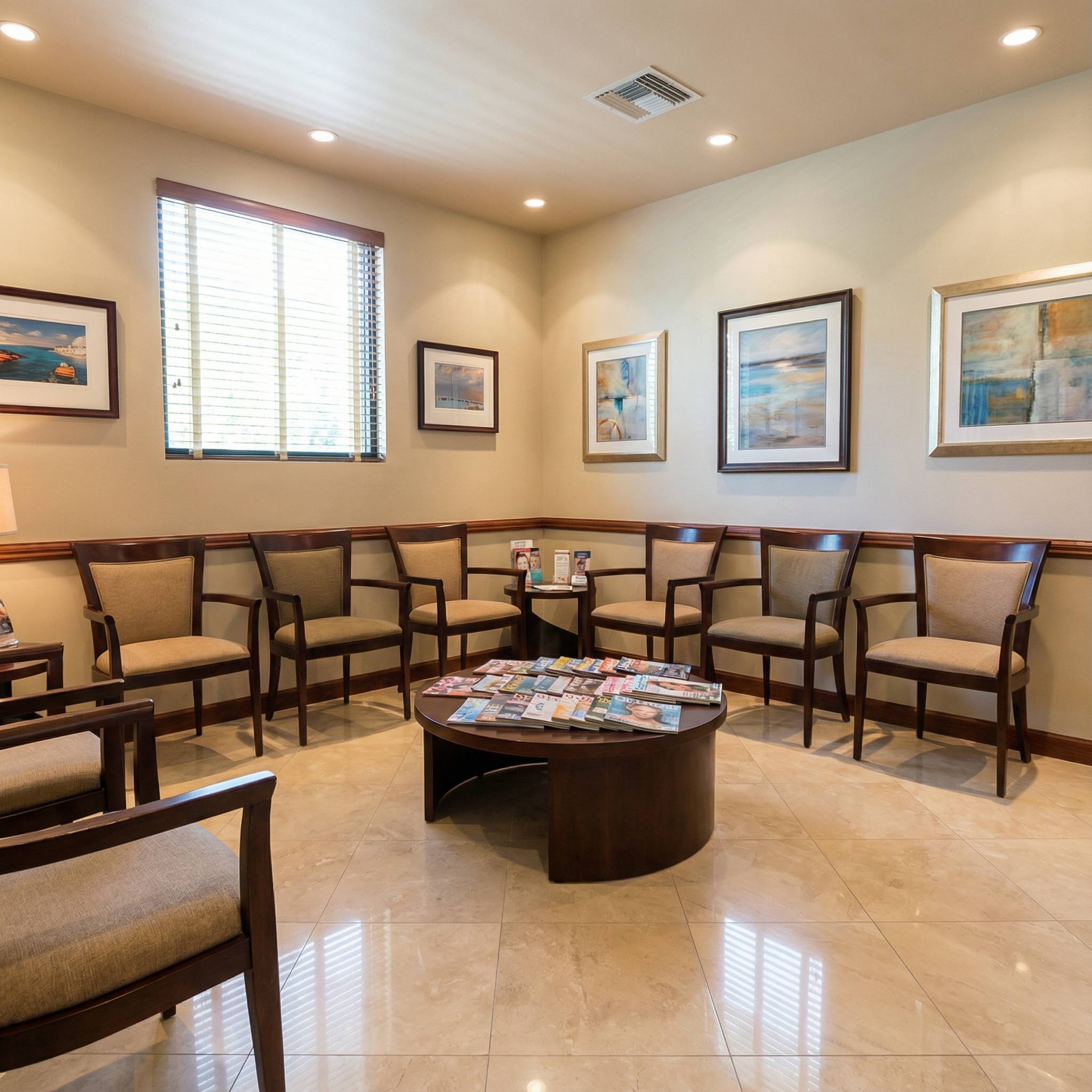 Elegant waiting room with comfortable wooden chairs, coffee table with magazines, and coastal artwork