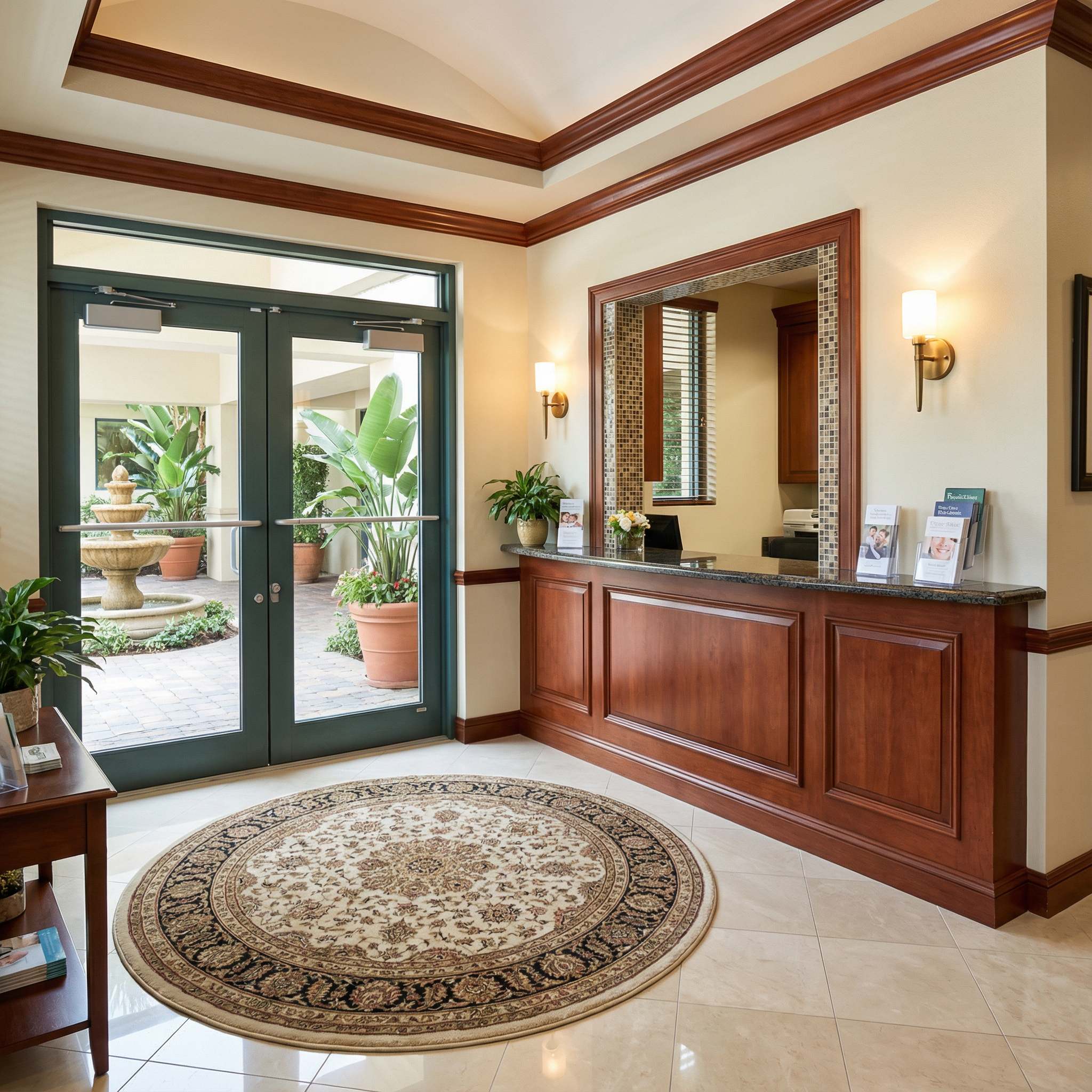 Beautiful foyer entrance with glass doors, ornate rug, and cherry wood reception desk