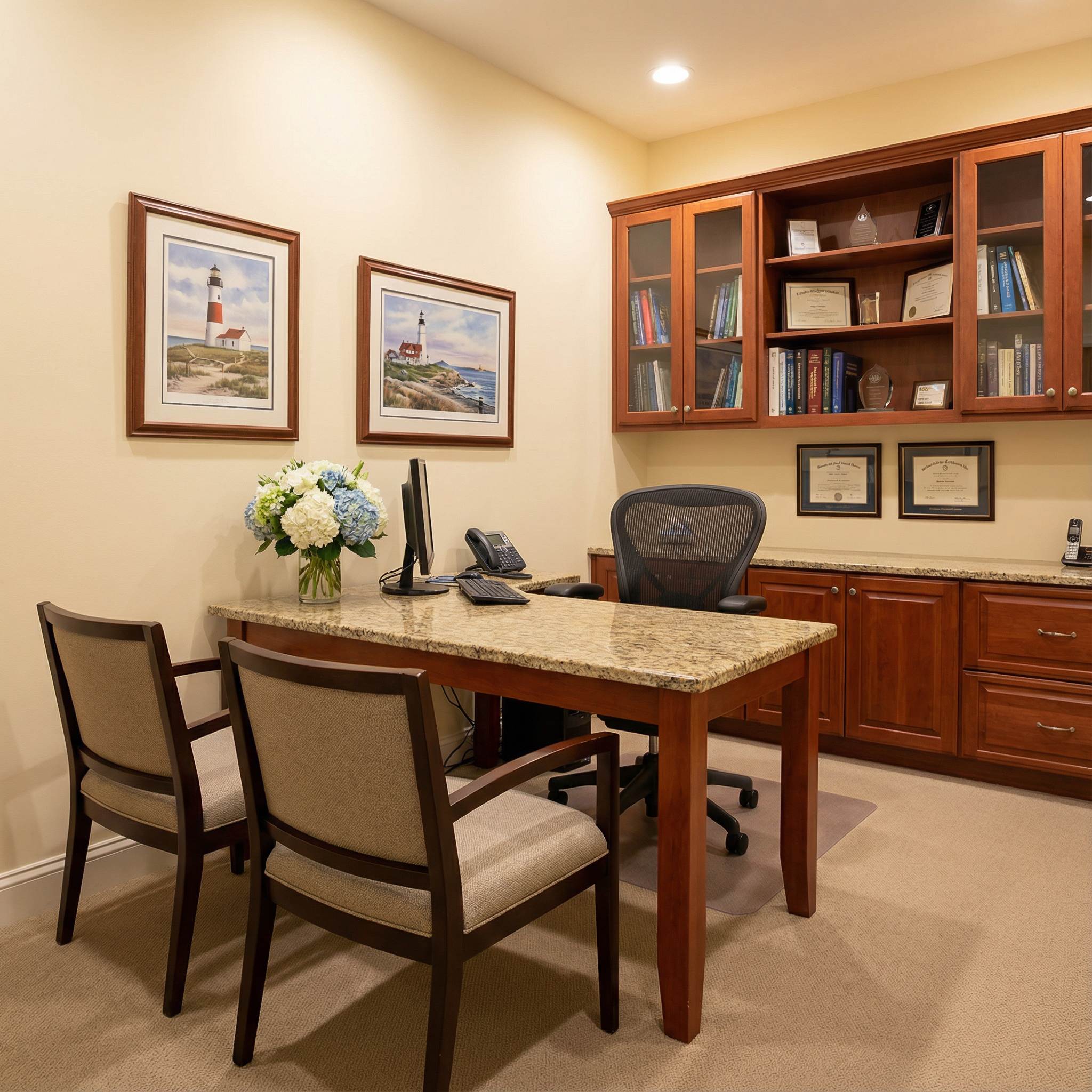 Dr. Eggnatz's private consultation office with granite desk, lighthouse paintings, and bookshelf with credentials