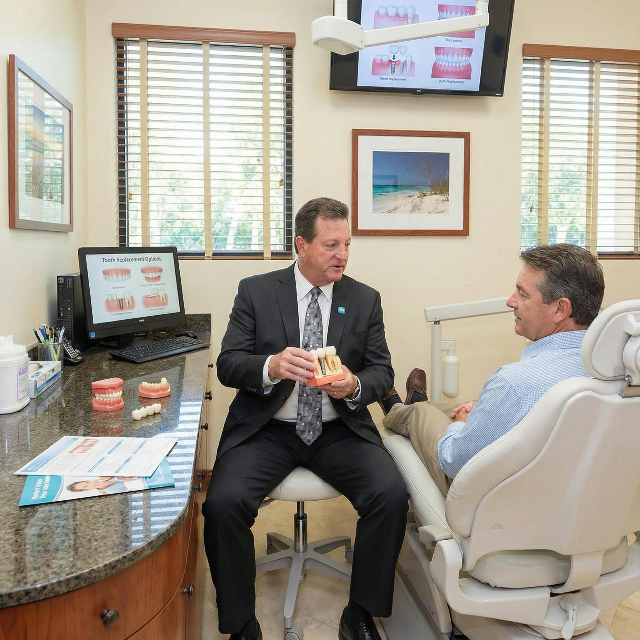 Dr. Eggnatz consulting with patient about tooth replacement options after extraction
